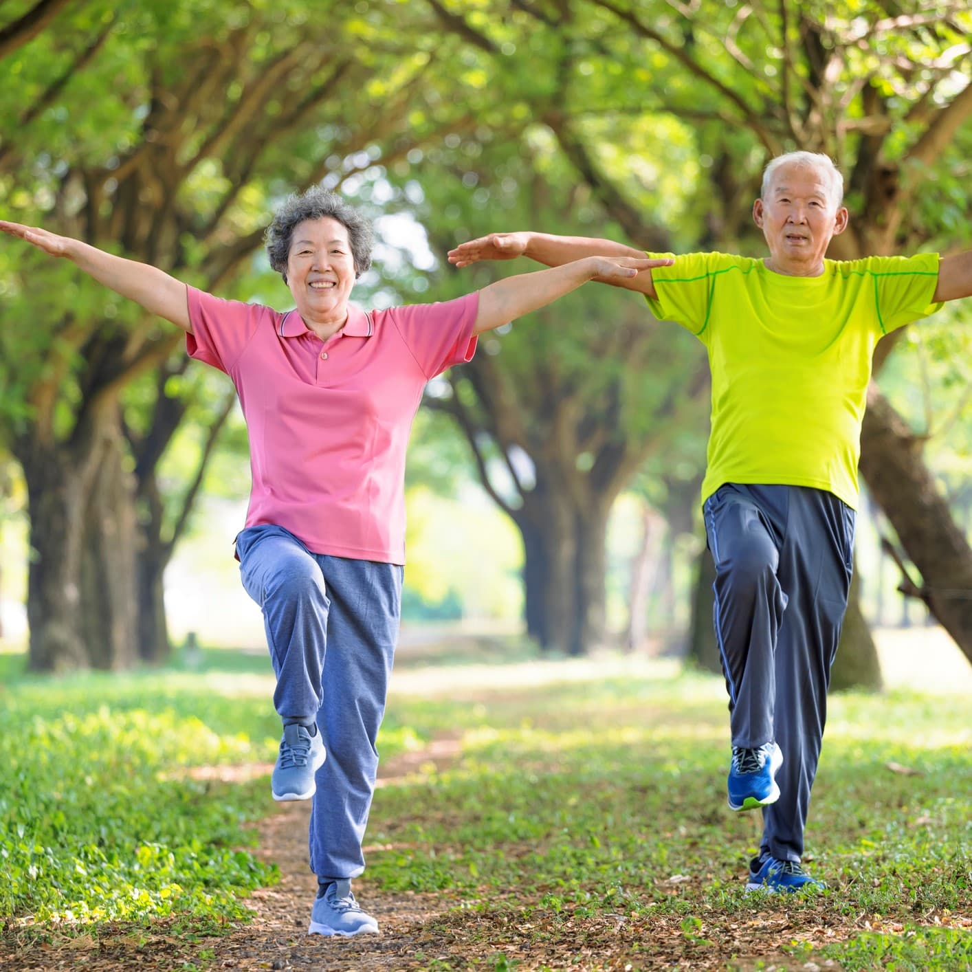 Couple doing yoga in the park, demonstrating their good sense of balance.